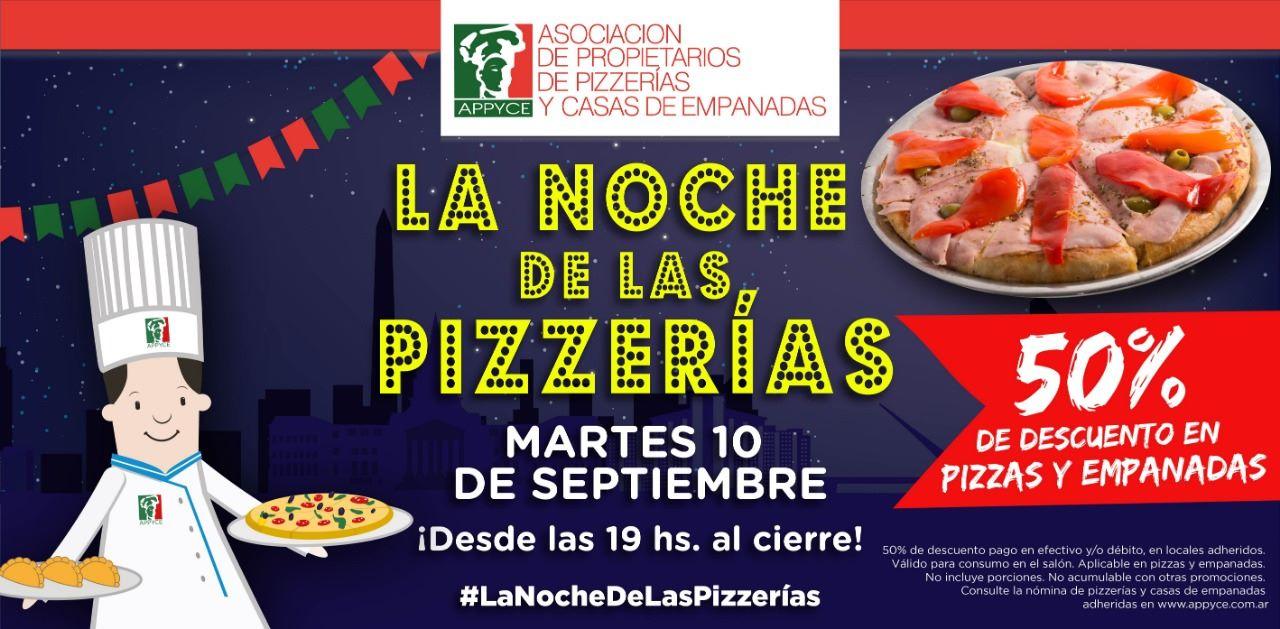 flyer noche de las pizzerias con 50% de descuento